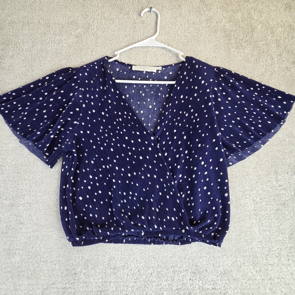 Astr Tops - ASTR Wrap Crop Top Women's M Blue Polka Dot Flutter Sleeve Cottage Fairy Core